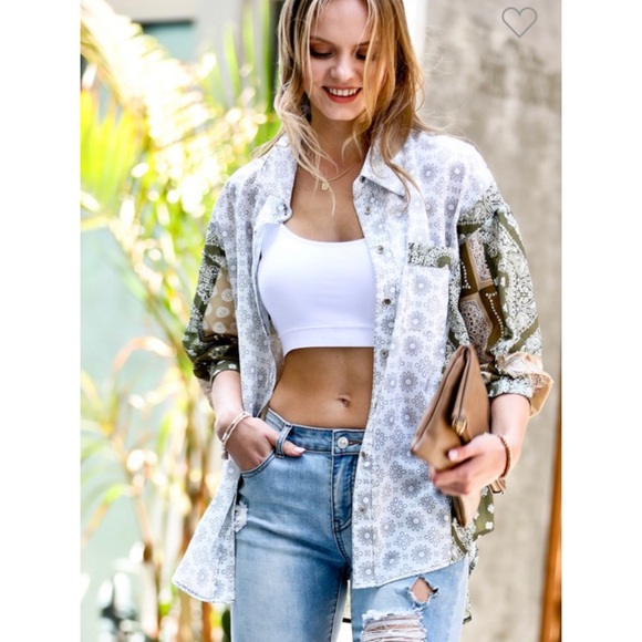 Vintage Olive Medallion Patchwork Oversized Blouse - Picture 4 of 7